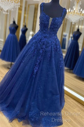 Shiny Navy Blue Lace Semi Formal Prom Dresses, Navy Blue Lace Formal Graduation Dresses
